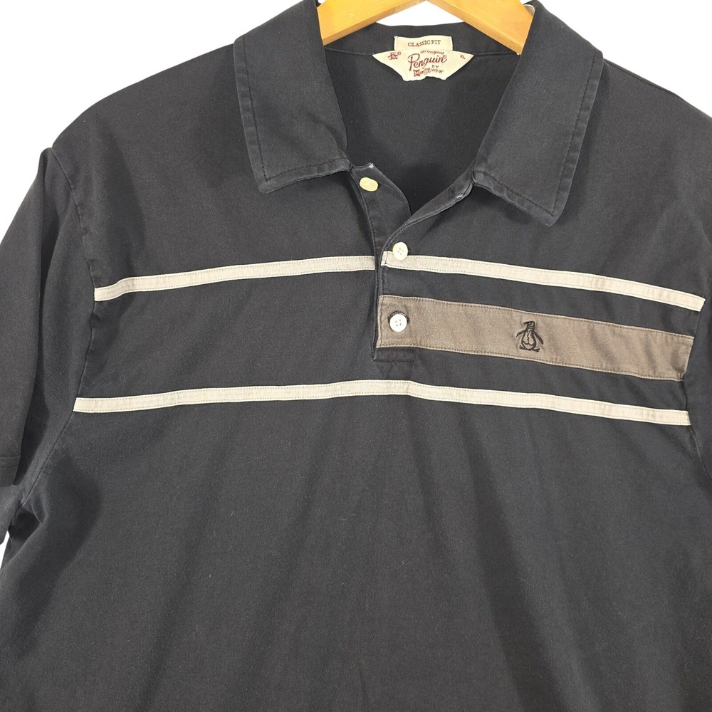 Original Penguin Polo Shirt Mens XL Black Striped Classic Fit Short Sleeve - Picture 2 of 7